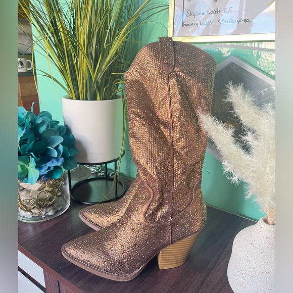 Forever  Glittering Brown Cowboy Boots - Picture 1 of 16